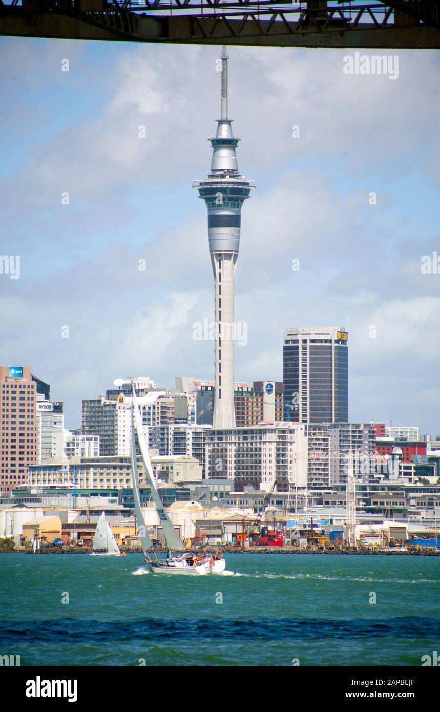 Affacciato sul porto di Waitemata, nel centro di Auckland, e sulla Sky Tower da North Shore, Auckland, Nuova Zelanda. Foto Stock