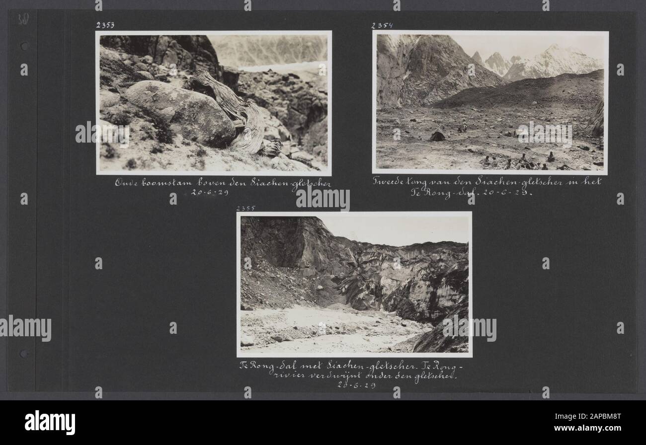PhotoAlbum Fisherman: Third Karakoru Expedition, 1929 Descrizione: Album con quattro fotografie. In alto a sinistra: Camp 27 accanto al ghiacciaio te Rong; in basso a sinistra: Te Rong Valley, vista al ghiacciaio Shalkar Chorten; in alto a destra: Te Rong Valley; in basso a destra: Direzione dalla te Rong Valley al ghiacciaio Shalkar Chorten Data: 1929/06/21 posizione: India, Karakorum, Pakistan Parole Chiave: Montagne, Expeditions, ghiacciai Foto Stock