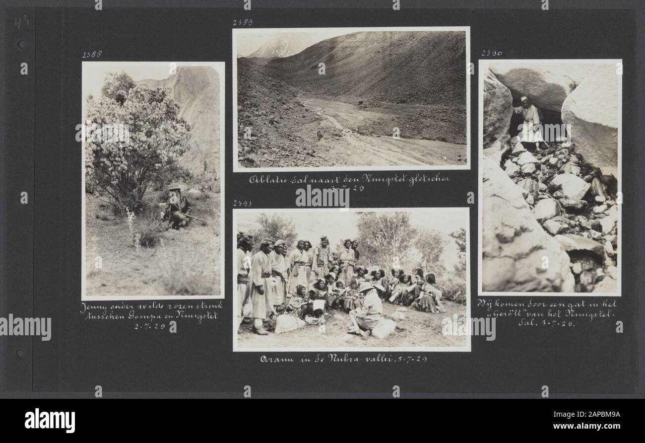 PhotoAlbum Fisherman: Third Karakoru Expedition, 1929 Descrizione: Album con quattro fotografie. A sinistra: Il delta di Panamik nella valle di Nubra (800 metri sopra la valle); in alto centro: La valle di Nubra, 2000m. Sopra: Panamik; sotto: Il delta di Panamik, 500 metri sopra la valle di Nubra; destra: Stansien, probabilmente uno dei coolies Data: 1929/07/14 posizione: India, Panamik Parole Chiave: Valli, coolies, fiumi Foto Stock