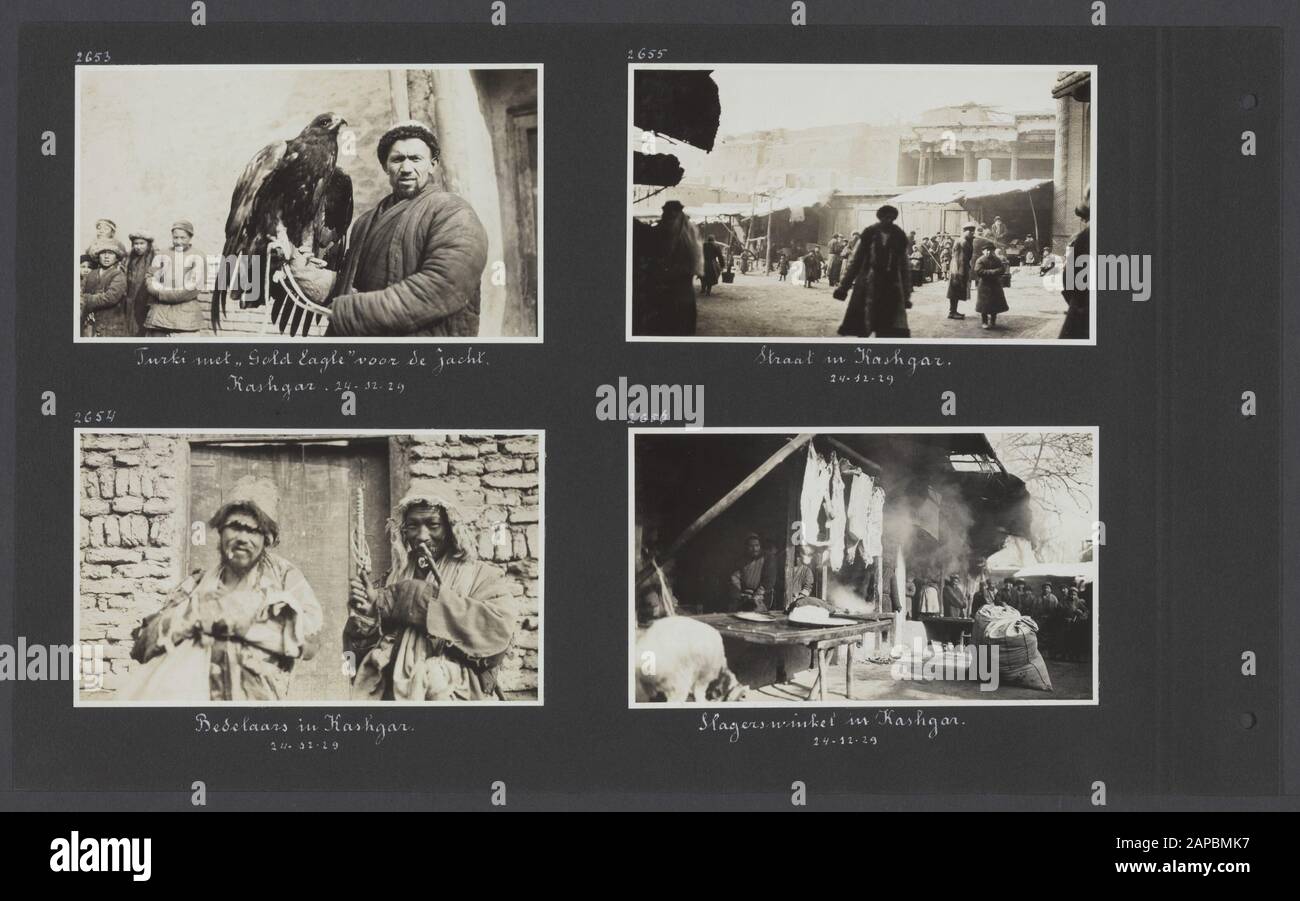 PhotoAlbum Fisherman: Third Karakoru Expedition, 1929-1930 Descrizione: Album sheet con quattro fotografie. In alto a sinistra: Un Turki con un'aquila per la caccia a Kashgar; in alto a destra: Una strada a Kashgar; in basso a sinistra: Due mendicanti a Kashgar; in basso a destra: Un macellaio a Kashgar Data: 1929/12/24 luogo: Cina, Kashgar Parole Chiave: Aquile, mendicanti, indigeni, mercati, macellai Foto Stock