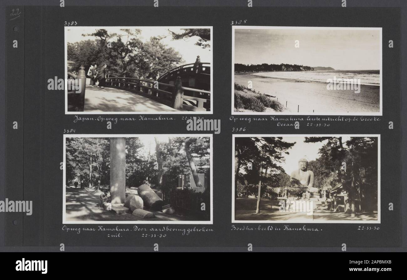 Photoalbum Fisherman: Dutch East Indies, China, Japan, Netherlands, Switzerland, 1930 Descrizione: Albumblad Con Quattro Fotografie. In alto a sinistra e in alto a destra: Sulla strada per Kamakura in Giappone; in basso a sinistra: Un pilastro rotto da un terremoto sulla strada per Kamakura; in basso a destra: Statua del Buddha in Kamakura Data: 1930/11/22 luogo: Giappone, Kamakura Parole Chiave: Sculture, Buddismo Foto Stock
