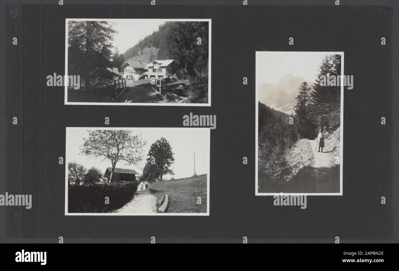PhotoAlbum Fisherman: Dutch East Indies, China, Japan, Netherlands, Switzerland, 1930 Descrizione: Album sheet con tre foto scattate in Svizzera o Austria Data: 1931/01/01 Località: Austria, Svizzera Parole Chiave: Montagne, case residenziali Foto Stock