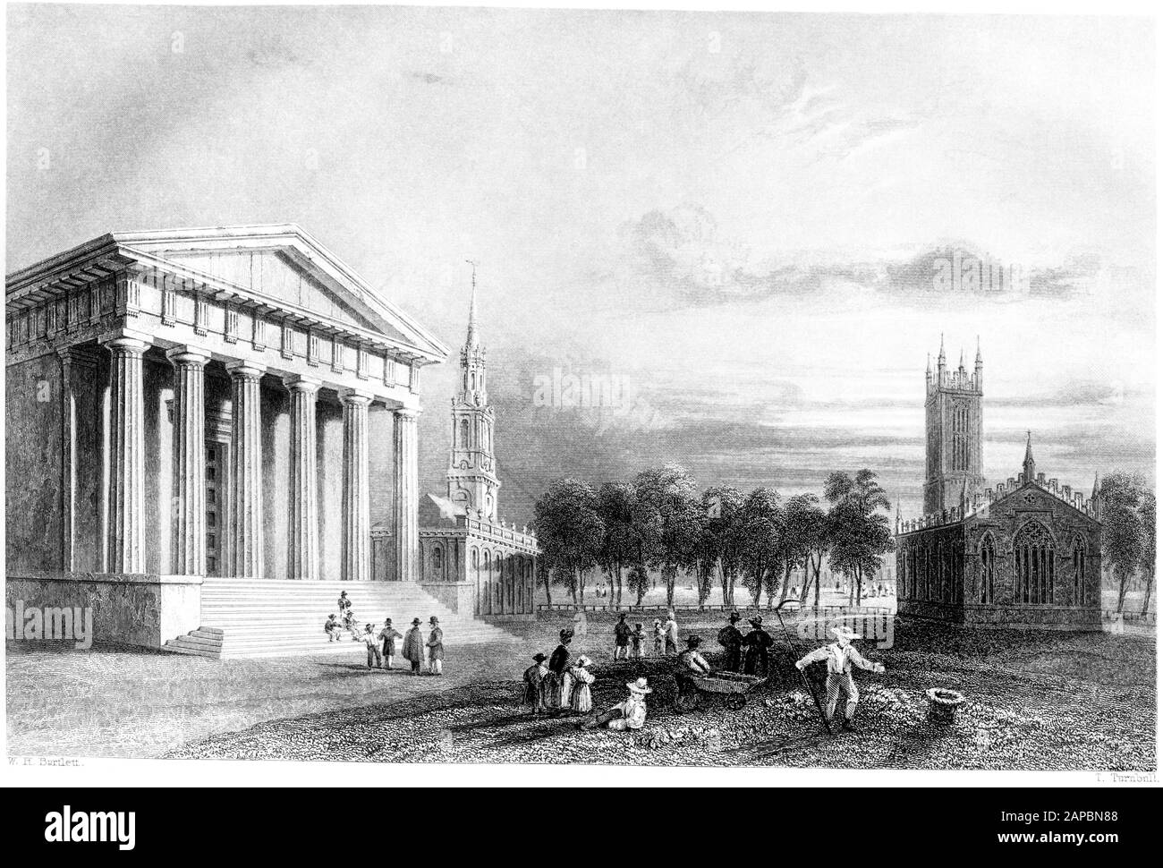 Un'incisione della chiesa gotica, Newhaven scannerizzato ad alta risoluzione. Da un libro stampato nel 1840. Creduto copyright libero. Foto Stock