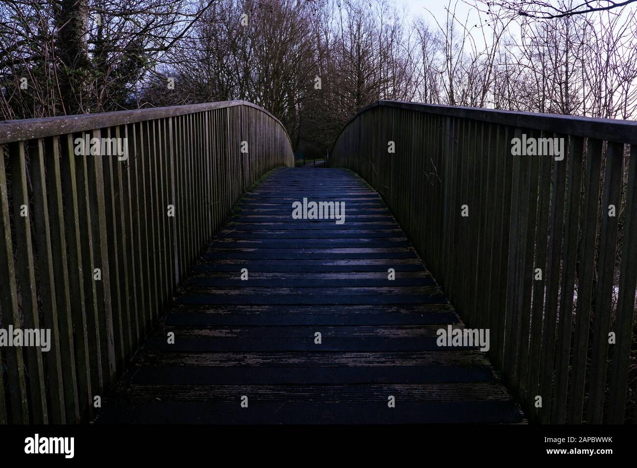 Un ponte di legno sul fiume Tove al Tove Wetland Pocket Park a Towcester, Northamptonshire Foto Stock