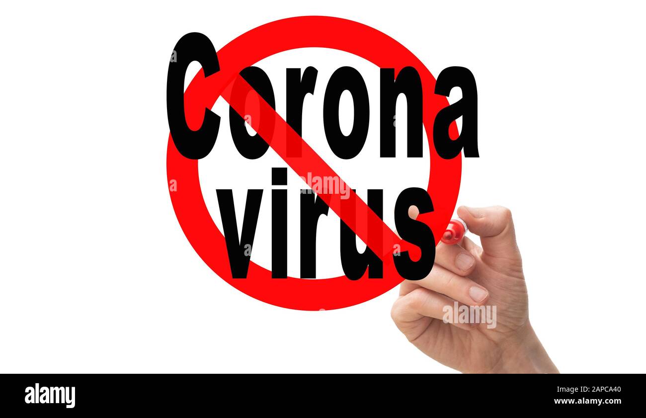 Testo "Coronavirus" con segno di stop rosso su sfondo bianco Foto Stock