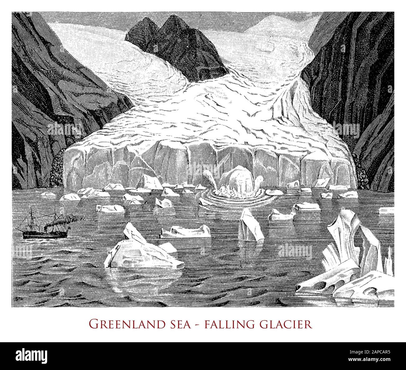 In un ghiacciaio roccioso del fiordo groenlandese cade scivolando dalla terra sul mare e pezzi di ghiaccio si fondono nell'oceano Foto Stock