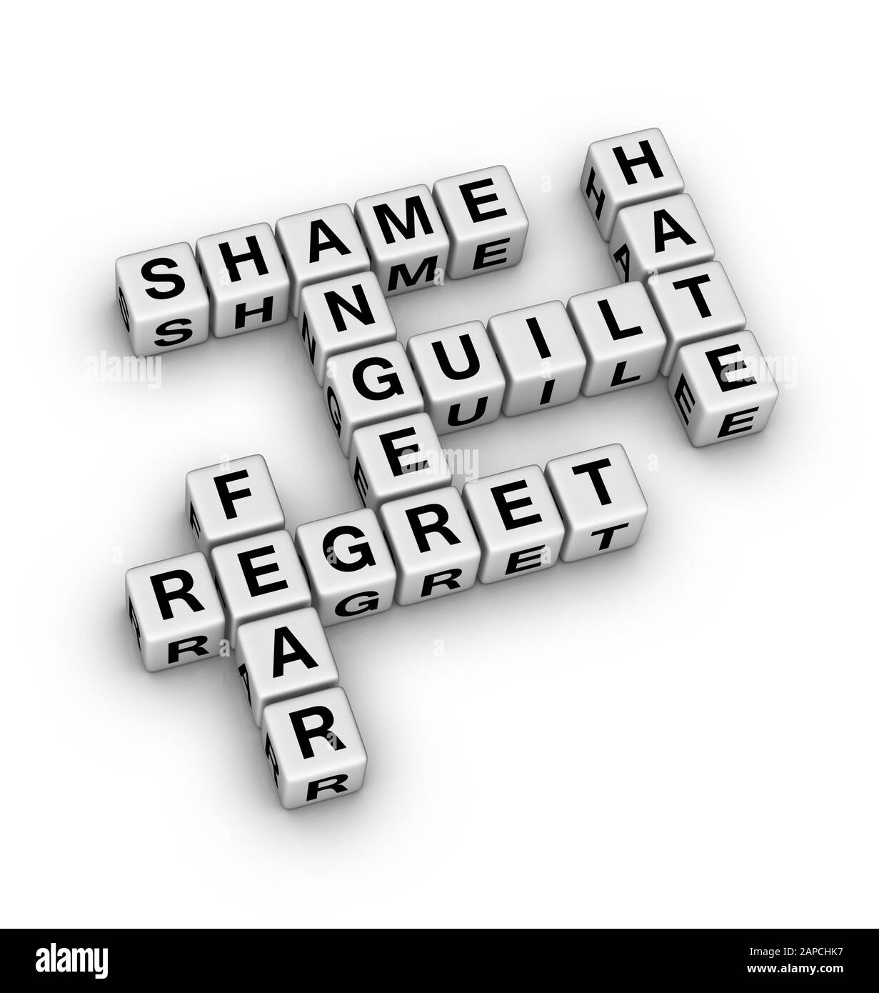 Emozione Negativa Word Cloud. 3D cubi cruciverba puzzle su sfondo bianco. Foto Stock