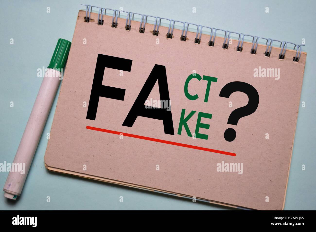 Fact o Fake scrivere su un libro isolato sulla scrivania dell'ufficio. Foto Stock