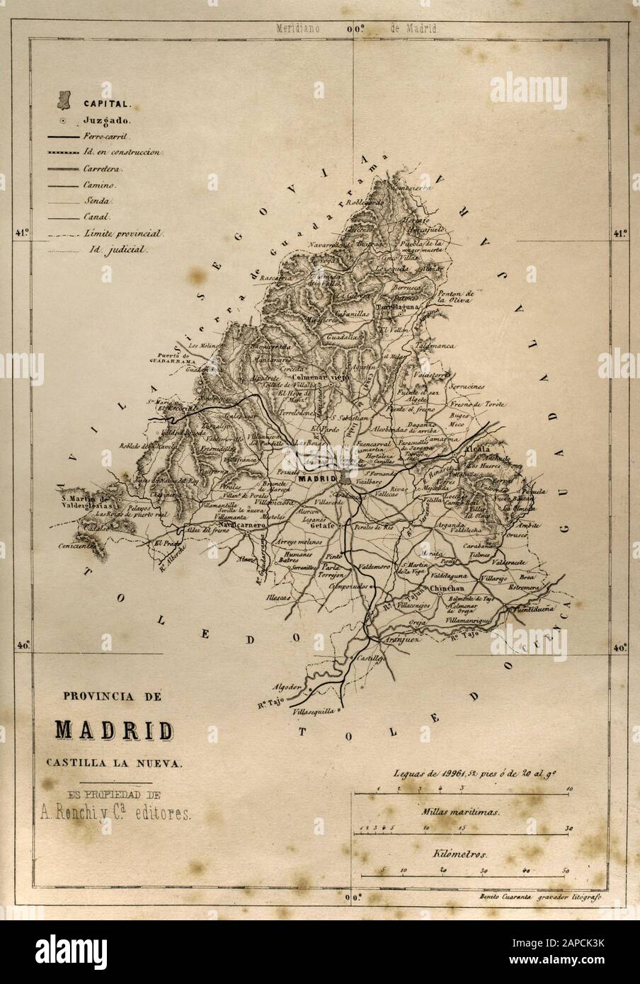 Spagna. Mappa della provincia di Madrid. Cronica General de Espana, Historia Ilustrada y Descriptiva de sus Provincias. Castilla-La Nueva, 1869. Foto Stock