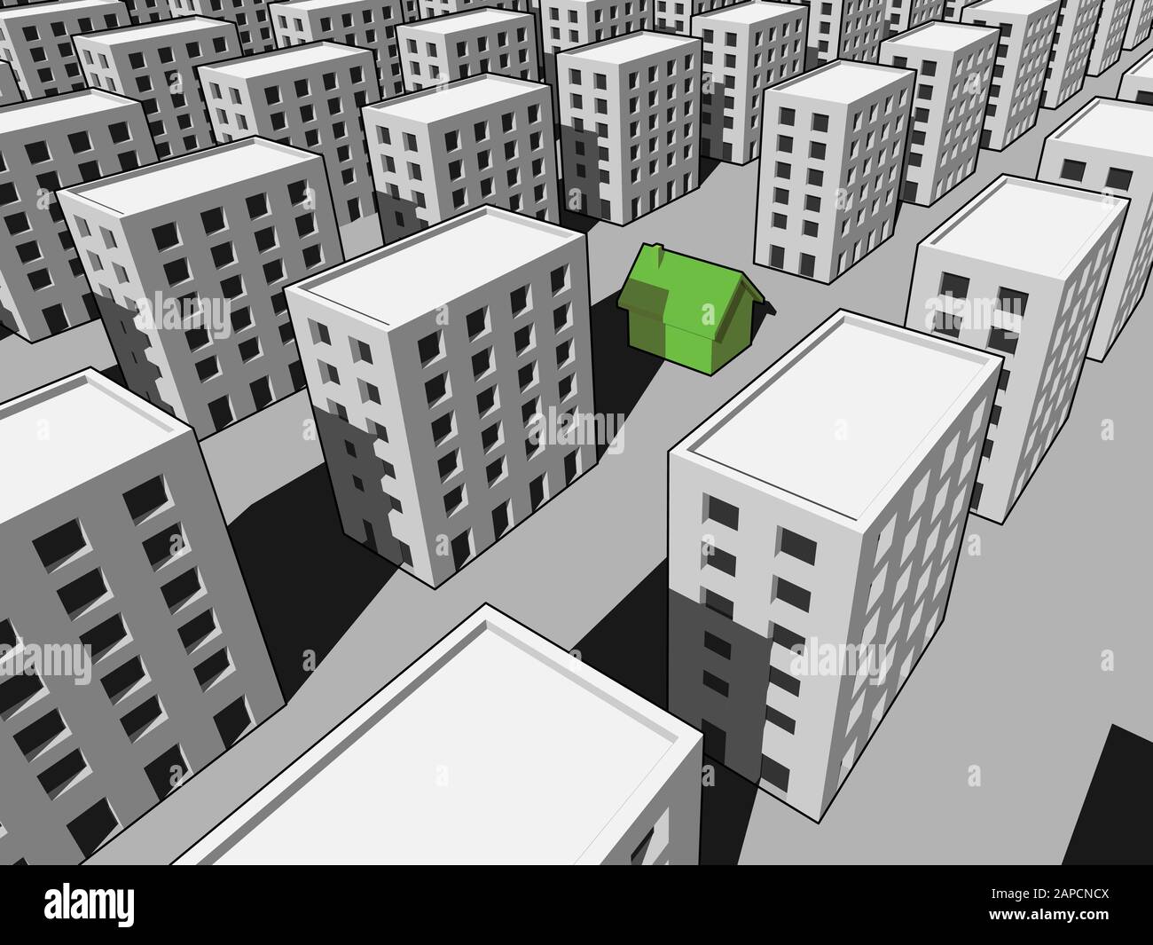 verde casa ecologica circondata da molti blocchi di appartamenti Illustrazione Vettoriale