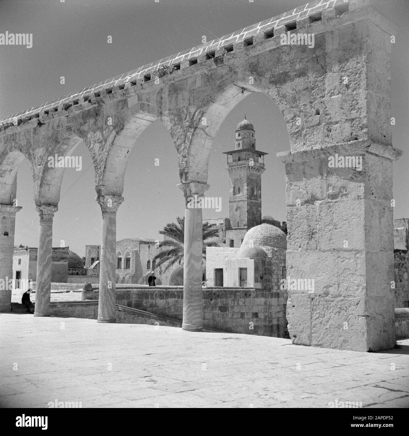Medio Oriente 1950-1955: Gerusalemme Descrizione: Al Haram Esh-Sharif - Monte Del Tempio. Uno dei portali della piattaforma della cupola della roccia che domina gli edifici circostanti con un minareto di una moschea Annotazione: Al momento della registrazione questo luogo era in Giordania Data: 1950 posizione: Palestina, Gerusalemme, Giordania Parole Chiave: Architettura, Islam, cupole, moschee, pilastri, piazze, porte, scale Foto Stock