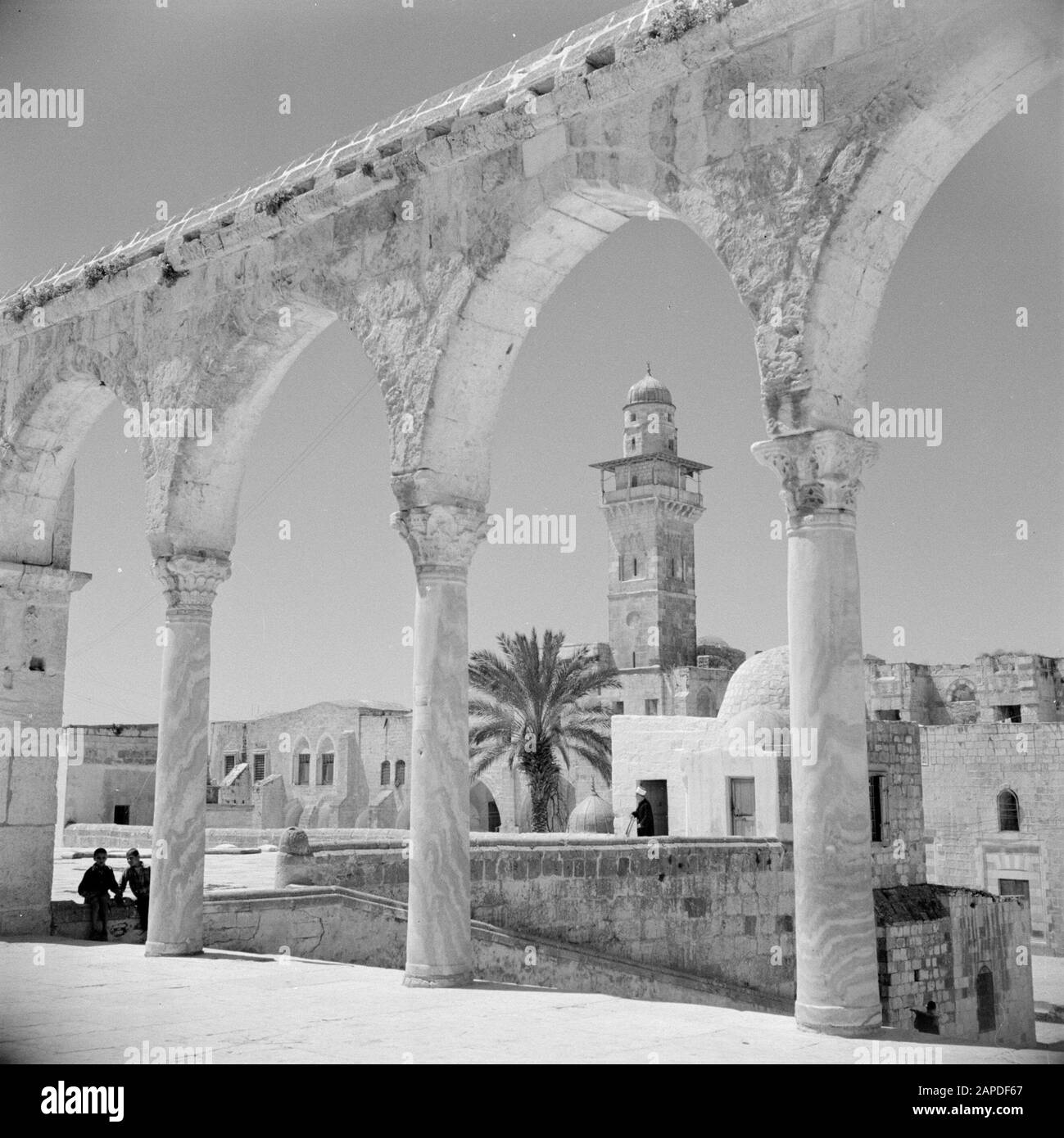 Medio Oriente 1950-1955: Gerusalemme Descrizione: Al Haram Esh-Sharif - Monte Del Tempio. Uno dei portali della piattaforma della cupola della roccia che domina gli edifici circostanti con un minareto di una moschea Annotazione: Al momento della registrazione questo luogo era in Giordania Data: 1950 posizione: Palestina, Gerusalemme, Giordania Parole Chiave: Architettura, Islam, cupole, moschee, pilastri, piazze, porte, scale Foto Stock
