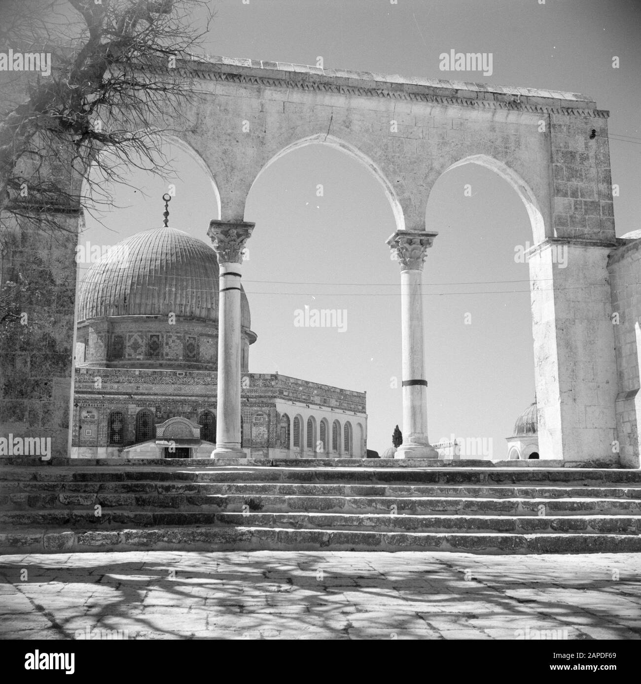 Medio Oriente 1950-1955: Gerusalemme Descrizione: Al Haram Esh-Sharif - Monte Del Tempio. Uno dei portali che conducono alla piattaforma su cui è stato costruito il Duomo della roccia Annotazione: Al momento della registrazione questo luogo era in Giordania Data: 1950 luogo: Palestina, Gerusalemme, Giordania Parole Chiave: Architettura, santuari, Islam, cupole, pilastri, piazze, porte, scale Foto Stock