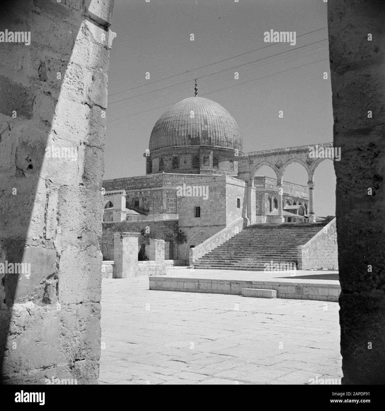 Medio Oriente 1950-1955: Gerusalemme Descrizione: Al Haram Esh-Sharif - Monte Del Tempio. Rock Dome o Qubbet es-Sakhra con porta che dà accesso alla piazza su cui è costruito il santuario Annotazione: Al momento della registrazione questo luogo è stato in Giordania Data: 1950 posizione: Palestina, Gerusalemme, Giordania Parole Chiave: Architettura, alberi, santuari, Islam, cupole, squadree, porte, scale Foto Stock