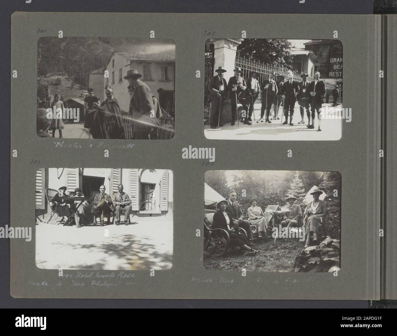 Album fotografico Fisherman: Svizzera, Svezia, Arabia, z.d. Descrizione: Album con quattro fotografie. In alto a sinistra: Teatro all'aperto a Zermatt. In alto a destra: Gruppo di uomini. In basso a sinistra: Di fronte all'Hotel Monte Rosa v.l.n.r. WandaHooft, Jenny Visser-Hooft, Kees Collot d'Eury e Philips Visser. In basso a destra: Da sinistra a destra Wanda Hooft, Kees Collot d'Ecoury, Jenny Visser-Hooft, Philips Visser e donna sconosciuta. Data: 1 Luglio 1921 Luogo: Zermatt, Svizzera Parole Chiave: Aziende, Teatro Nome Personale: Collot D'Escury, Kees, Hooft, Wanda, Fisherman, Philips, Visser-Hooft, Jenny Foto Stock
