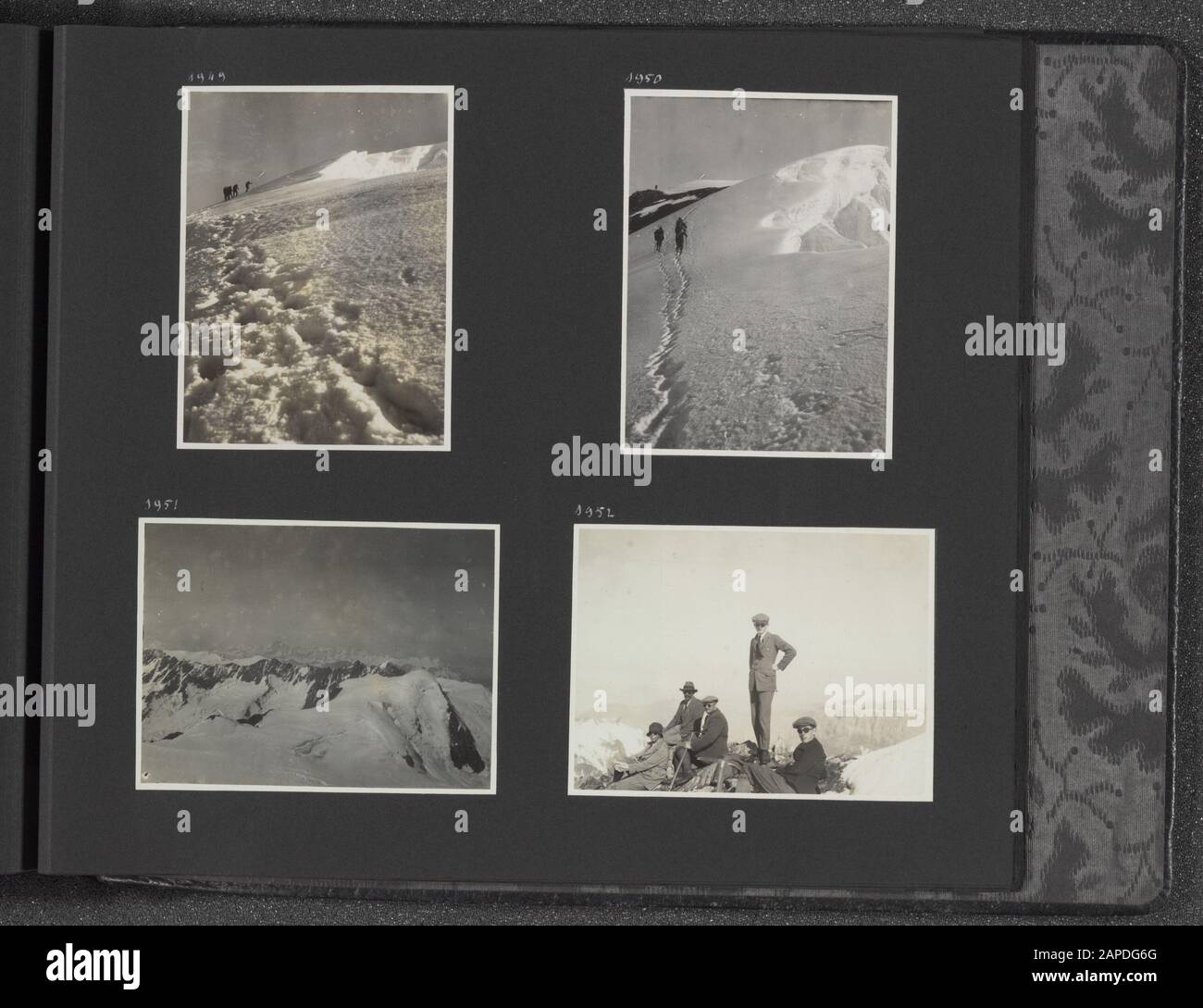 Photo Album Fisherman: Second Karakorum Expedition, British Indies, Sweden, Germany, Switzerland, 1925-1927 Descrizione: Album Con Quattro Fotografie. In alto a sinistra: Alpinisti sulla strada. In alto a destra: Alpinisti sulla strada. In basso a sinistra: Vista dall'alto. In basso a destra: Gli alpinisti in alto, tutti a sinistra Jenny Visser-Hooft, a destra del suo Franz Lochmatter Data: 1927 posizione: Alpi, Svizzera Parole Chiave: Ghiacciai, arrampicata e alpinismo Nome personale: Lochmatter, F., Fisher-Hooft, J. Foto Stock