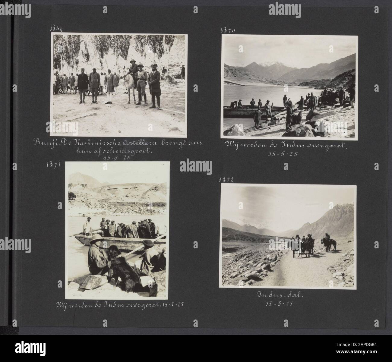 Photo Album Fisherman: Second Karakorum Expedition Descrizione: Album con quattro immagini: In alto a sinistra: L'artiglieria Kashmir porta un saluto di addio alla partenza della spedizione da Bunji. In alto a destra: La spedizione sull'Indo è messa con una barca. In basso a sinistra: Jenny Viser-Hooft e Patiala durante il trasferimento sull'Indo. In basso a destra: L'azienda a cavallo nella valle del Indus Annotazione: Il cane Patiala, un Mastiff tibetano, è stato presentato nel 1925 dal Maharaja di Patiala Data: 1 gennaio 1925 posizione: Bunji, Indus, Pakistan Parole Chiave: Spedizioni, cani, cavalli, ri Foto Stock