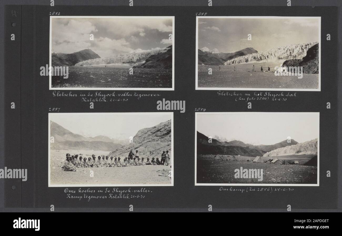 Album fotografico Fisherman: Third Karakorum Expedition, Burma, Dutch East Indies 1930 Descrizione: Albumblad con quattro fotografie. In alto a sinistra: Ghiacciaio nella valle di Shyok di fronte a Kataklik; in basso a sinistra: i coolies della spedizione nel campo nella valle di Shyok di fronte a Kataklik; in alto a destra: Un ghiacciaio nella valle di Shyok; in basso a destra: Il campo di spedizione nella valle di Shyok Data: 24 giugno 1930 posizione: India, Karakoram, Karakorum, Kataklik, Pakistan, Shyok Valley Parole Chiave: Montagne, spedizioni, coolies Foto Stock