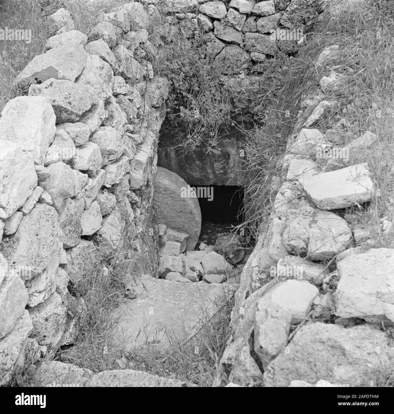 Israele 1948-1949: Abu Ghosh Descrizione: Cripta antica ad Abu Gosh con un volto su una scala e una chiave rotonda Data: 1948 Località: Abu Ghosh, Israele Parole Chiave: Archeologia, storia, cantine di tombe , scavi Foto Stock