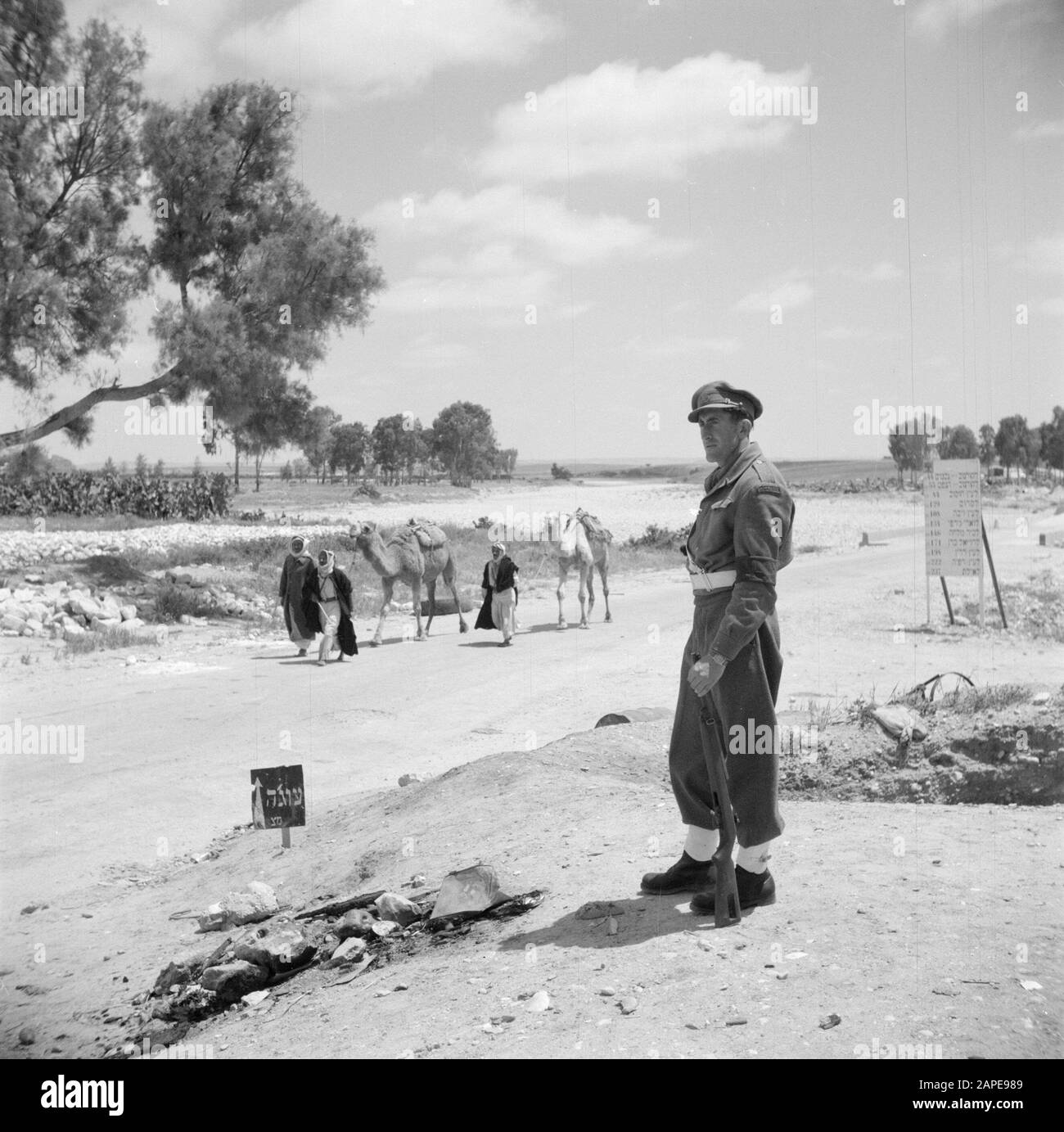 Israele 1948-1949: Deserto di Negev, beduino Descrizione: Beduini, portando i loro animali dal deserto di Negev sulla loro strada per il mercato settimanale di Beershewa, passando un checkpoint Data: 1948 luogo: Beersewa, Israele, Negev Parole Chiave: Beduini, cammelli, militare, armi da fuoco, deserti Foto Stock