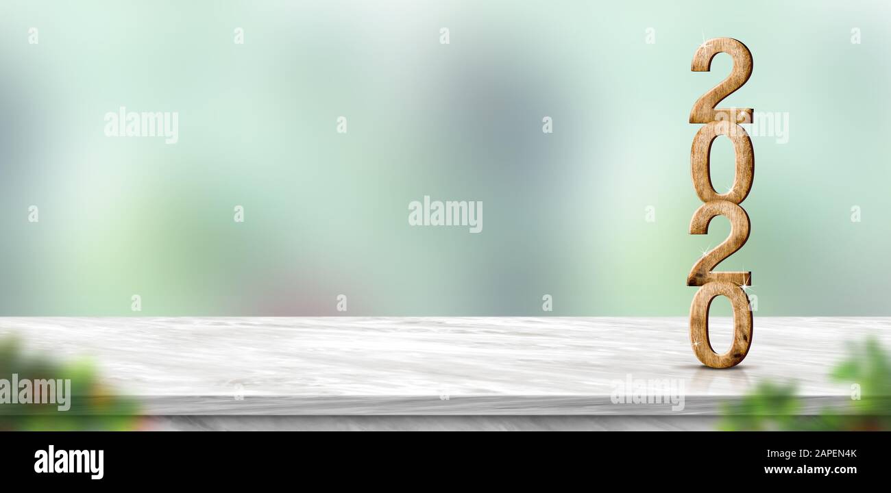 Nuovo anno 2020 numero di legno (3d rendering) su tavola di marmo a blur astratto verde bokeh sfondo, Mockup banner spazio per visualizzare o montaggio di prodotto Foto Stock