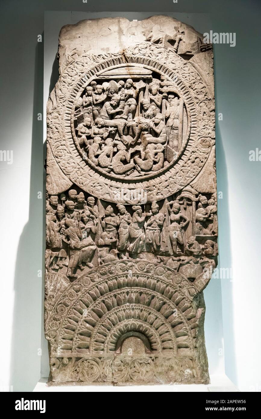 La visita di Sage Asita a Suddhadhana, la storia di buddha, il rilievo della lastra di pietra, il museo nazionale dell'India, Nuova Delhi, india, Asia del sud, Asia Foto Stock