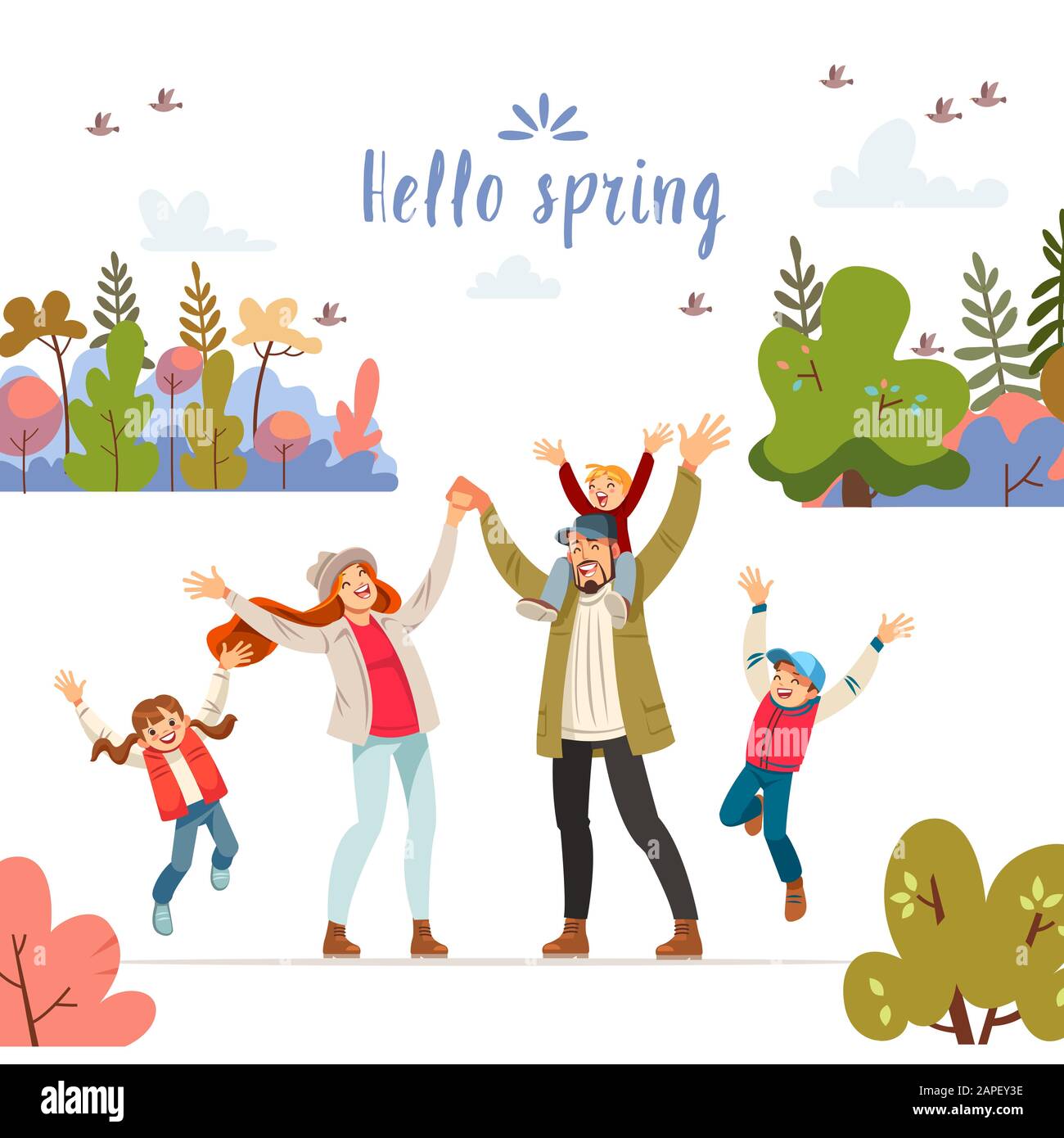 Grande famiglia in natura. Ciao primavera. Moderno concetto piatto per il web design. L'illustrazione vettoriale può essere utilizzata per landing page, template, web, app mobile Illustrazione Vettoriale