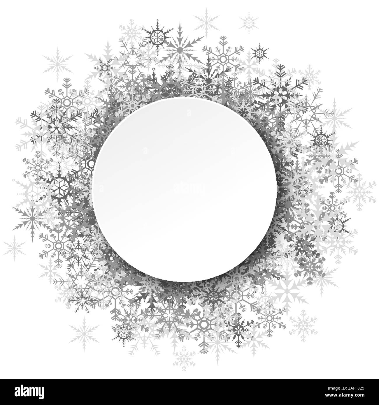 fiocchi di neve d'argento dietro cornice rotonda vuota per natale inverno saluti su sfondo bianco Illustrazione Vettoriale