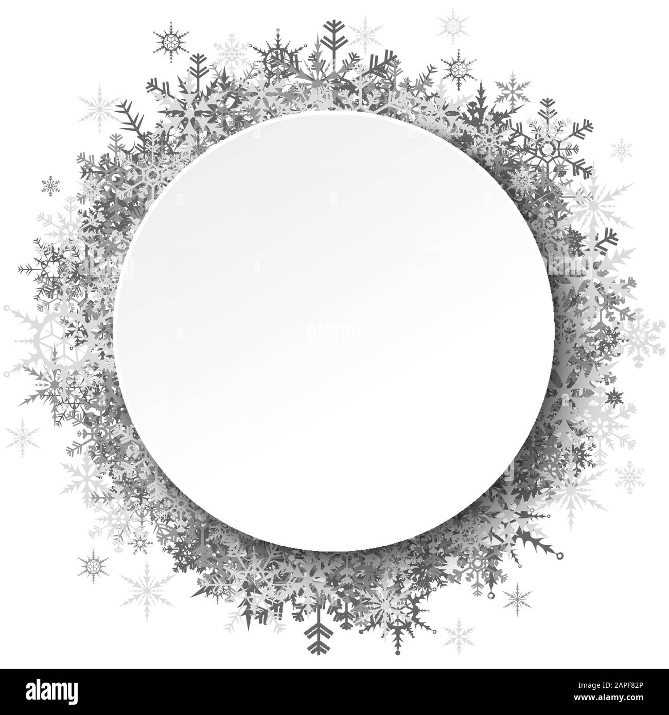 fiocchi di neve d'argento dietro cornice rotonda vuota per natale inverno saluti su sfondo bianco Illustrazione Vettoriale