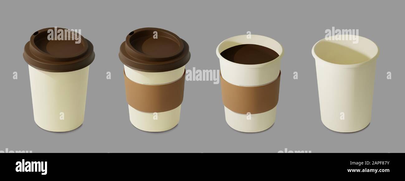 Carta realistico tazza di caffè. Mockup isometrica, tazze da caffè. Bicchiere monouso per bevande. Modello per prodotti, banner web e volantini. Vettore Illustrazione Vettoriale