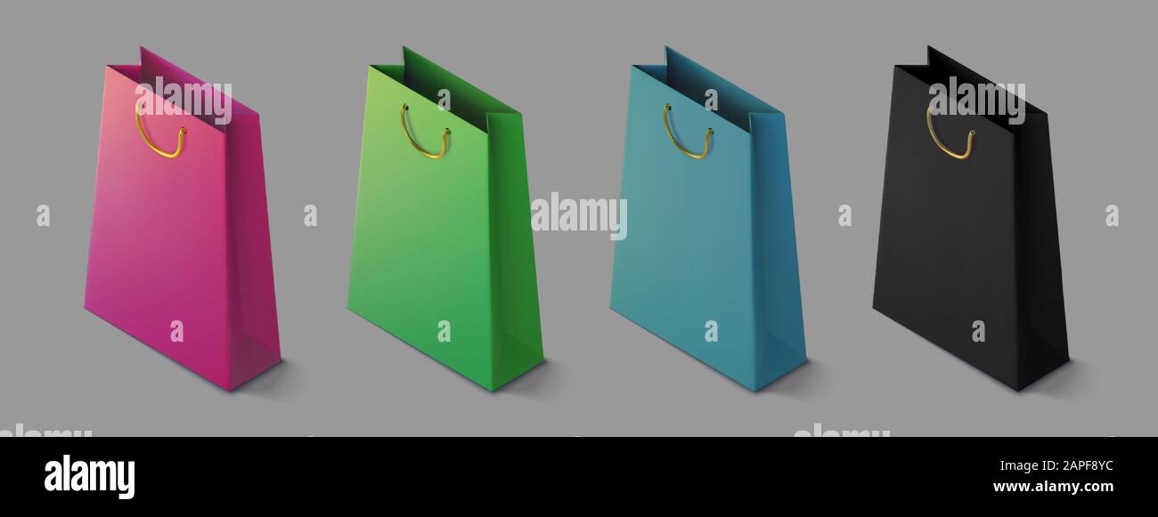 Impostare Carta realistico shoping colorati in borsa. Mockup pacchetto isometrica per gli acquisti. Borsetta 3d icon.Modello per prodotti, banner web e volantini. Vec Illustrazione Vettoriale