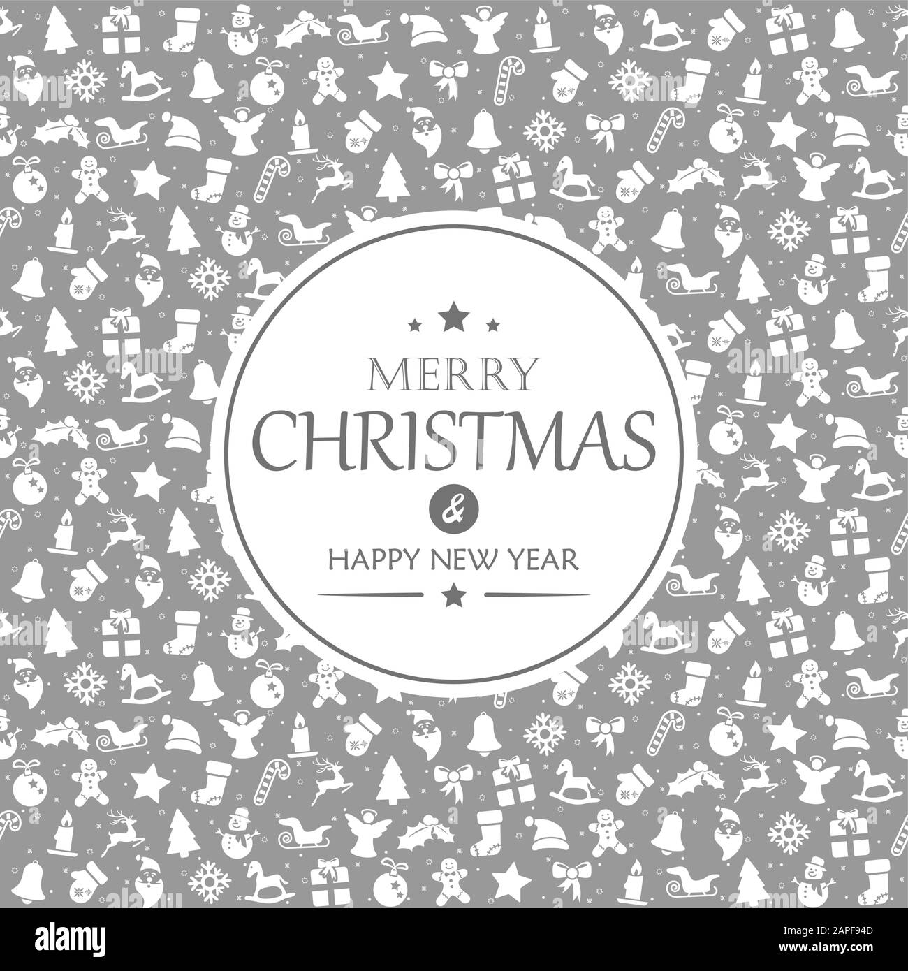 buon natale e felice anno nuovo saluti sullo sfondo consiste di tipiche icone di natale Illustrazione Vettoriale