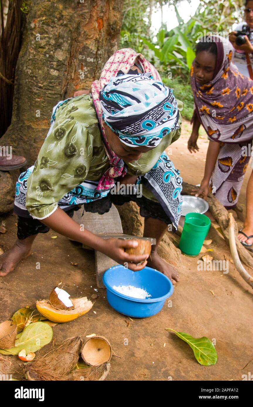 Zanzibar Tanzania 14/08/2010: Lavorazione Del Cocco Foto Stock