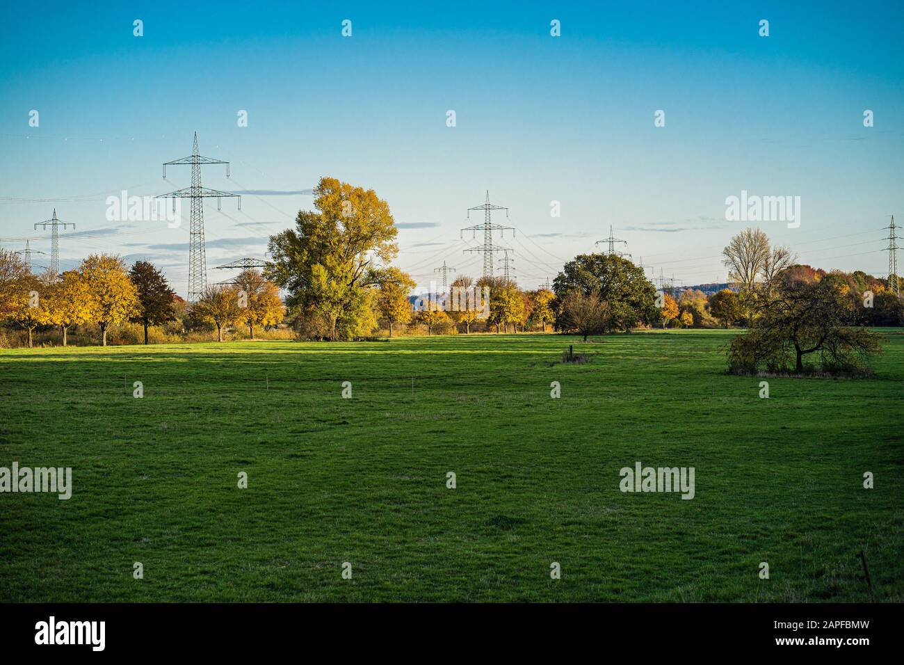 Piloni di elettricità sopra l'Auwiesen sul fiume Sieg. Foto Stock