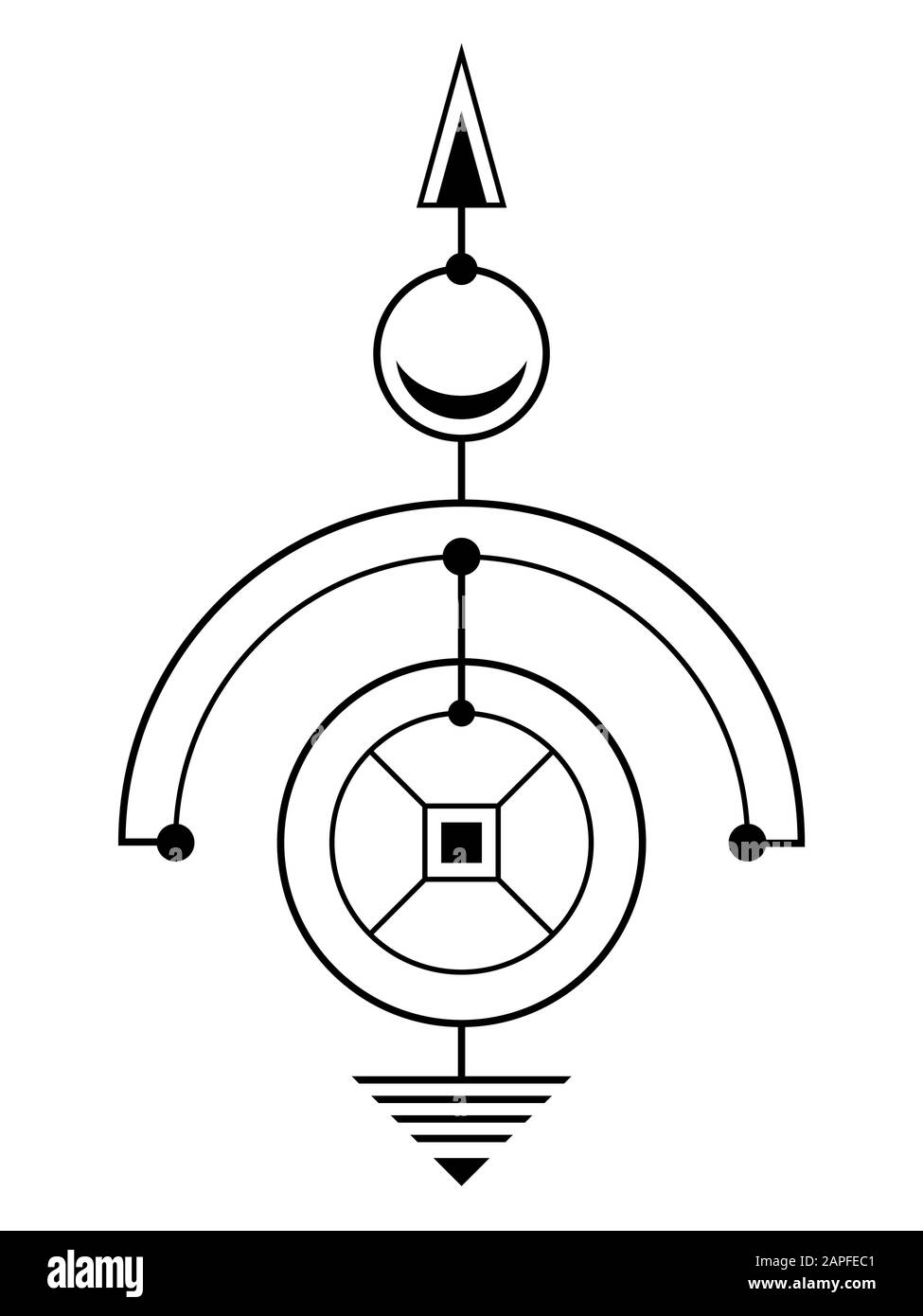 Abstract simbolo geometrico. Geometria Sacra segno con forme geometriche. Isolato su sfondo bianco. Nero forme lineari. Logo lineare. Illustrazione Vettoriale