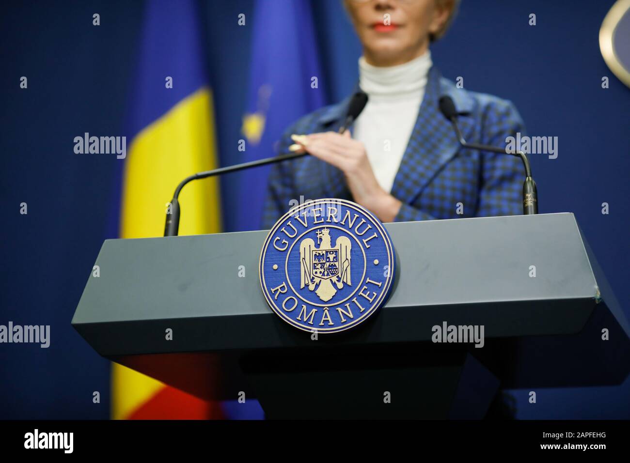 Bucarest, Romania - 8 gennaio 2020: Dettagli con il logo del governo rumeno durante una conferenza stampa tenuta da una donna politica. Foto Stock