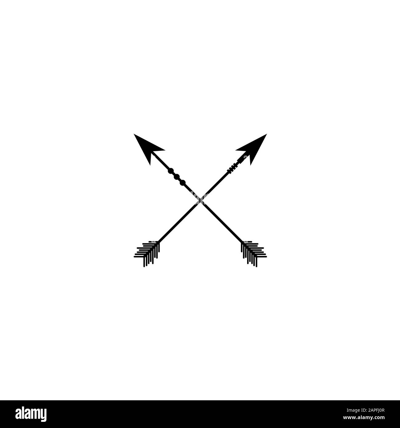 Due frecce nere incrociate isolate su bianco. Icona avventura piatta. Ideale per interfacce Web e software. Campin, caccia. Vacanza selvaggia. Illustrazione Vettoriale