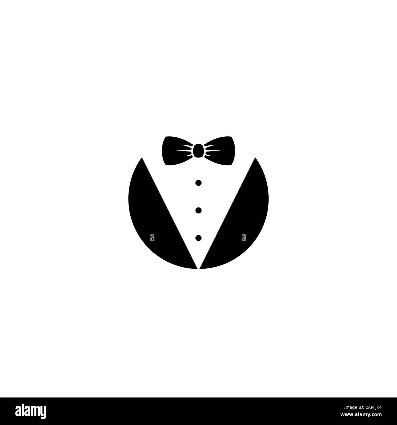 Avatar gentleman isolato su sfondo bianco. Cravatta a prua con bottoni e abito nero o tuxedo. Festa, serata di gala, palla, simbolo di matrimonio. Isolato su w Illustrazione Vettoriale