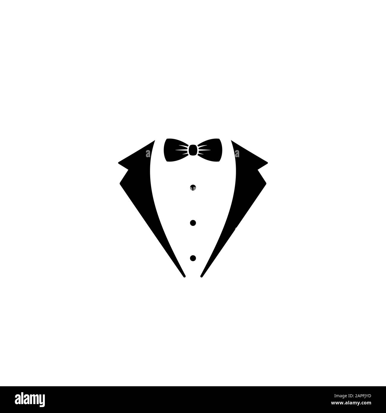Avatar gentleman isolato su sfondo bianco. Cravatta a prua con bottoni e abito nero o tuxedo. Festa, serata di gala, palla, simbolo di matrimonio. Isolato su w Illustrazione Vettoriale