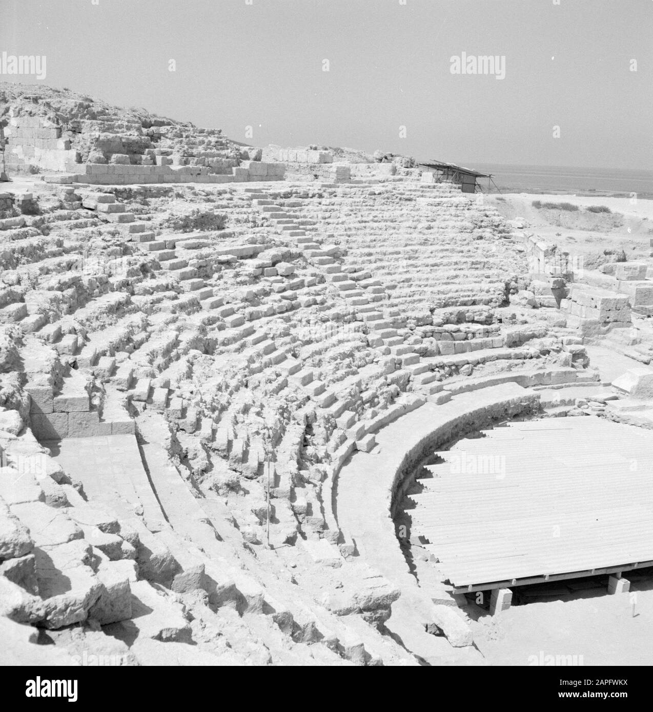 Israele 1964-1965: Cesarea, Archeologia Descrizione: Cesarea. Vista della sezione pubblica (cavea) e l'orchestra dell'anfiteatro romano Annotazione: Cesarea è un villaggio e un parco archeologico in Israele, situato nel quartiere di Haifa. Si trova a circa tra Tel Aviv e Haifa nel Mar Mediterraneo. Per quanto riguarda l'antichità, si chiama anche Cesarea Maritima. A Cesarea gli scavi sono stati fatti per decenni e c'è molto da vedere. È un'attrazione turistica Data: 1964 Località: Cesarea, Israele Parole Chiave: Teatro all'aperto, rovine Foto Stock