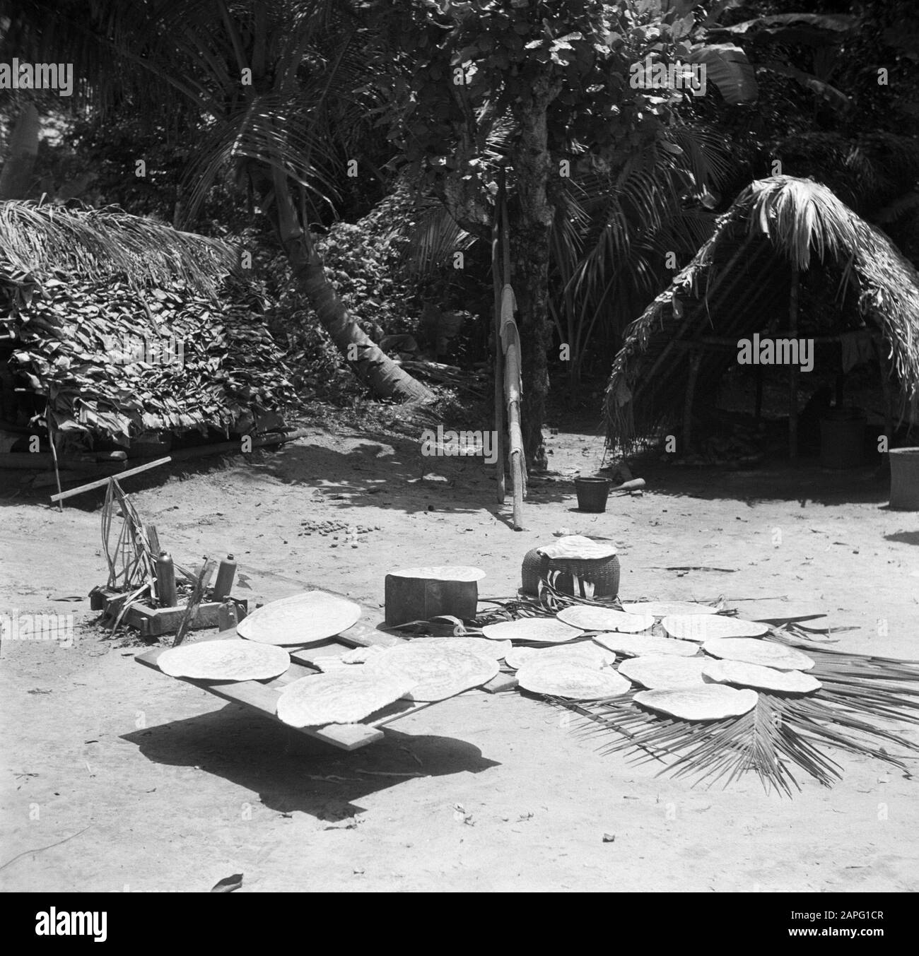 Viaggio in Suriname e Antille Olandesi Descrizione: Cassavecakes si sta asciugando nel villaggio forestale Wakibasoe. Un luogo di sacrificio sulla sinistra. Date: 1947 Location: Suriname, Wakibasoe Keywords: Cassave, religions Foto Stock