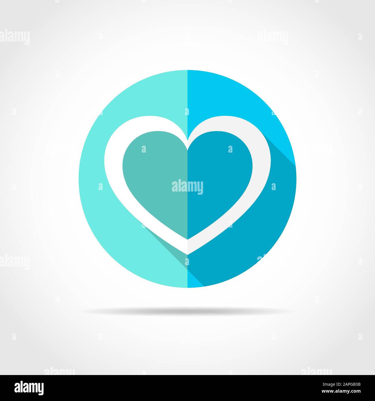 Cuore bianco dal design piatto con ombra lunga. Illustrazione del vettore. Semplice icona del cuore su un cerchio blu. Illustrazione Vettoriale