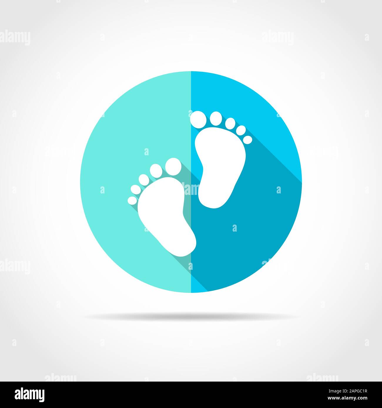 Impronta bianca umana in design piatto con ombre lunghe. Illustrazione del vettore. Semplice icona dell'impronta umana sul pulsante rotondo blu. Illustrazione Vettoriale