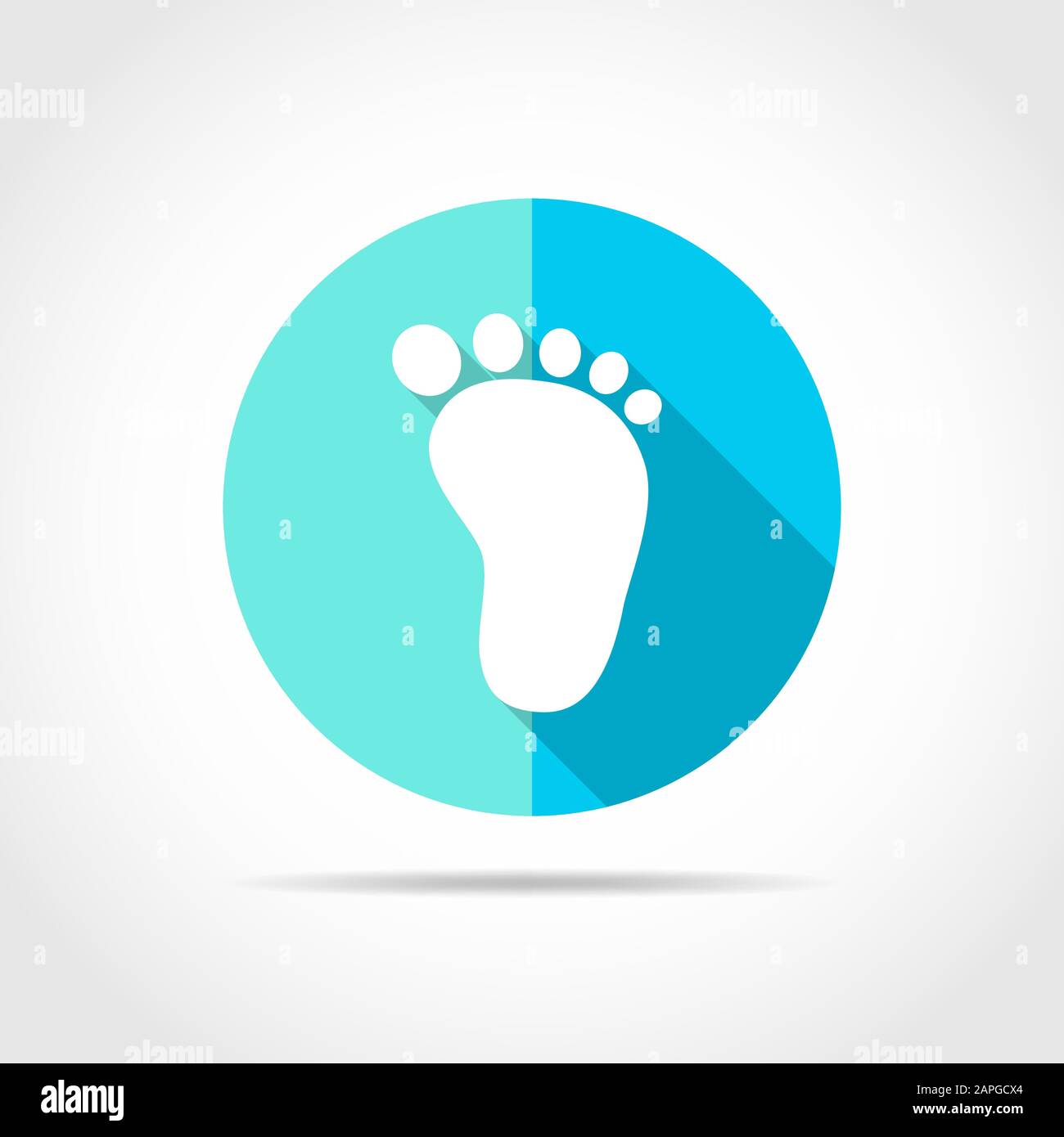 Impronta bianca umana in design piatto con ombre lunghe. Illustrazione del vettore. Semplice icona dell'impronta umana sul pulsante rotondo blu. Illustrazione Vettoriale