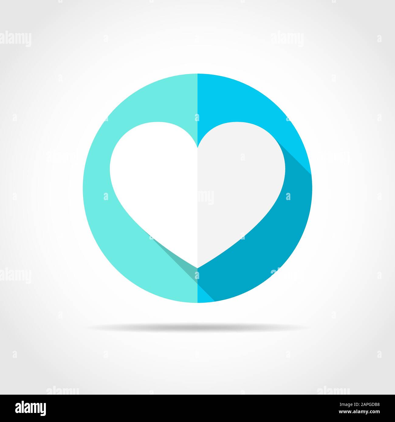 Cuore bianco dal design piatto con ombra lunga. Illustrazione del vettore. Semplice icona del cuore su un cerchio blu. Illustrazione Vettoriale