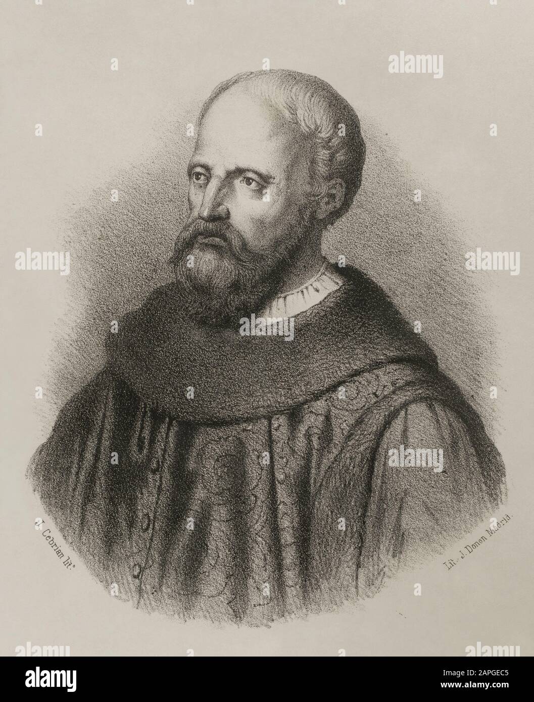 Ruy Gonzalez de Clavijo (d.1412). Ambasciatore del re Enrico III di Castiglia alla corte di Timur (1403-1405). Viaggiatore castigliano e scrittore. Disegno di J. Cebrian. Litografia. Cronica General de España, Historia Ilustrada y Descriptiva de sus Provincias. Castilla-La Nueva, 1869. Foto Stock