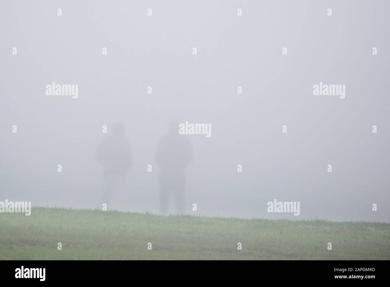 Suggestiva vista del paesaggio di due persone nel parco del Regno Unito, in piedi fianco a fianco guardando l'acqua del lago, scomparendo in nebbia mattutina in una nebbia UK giorno. Foto Stock