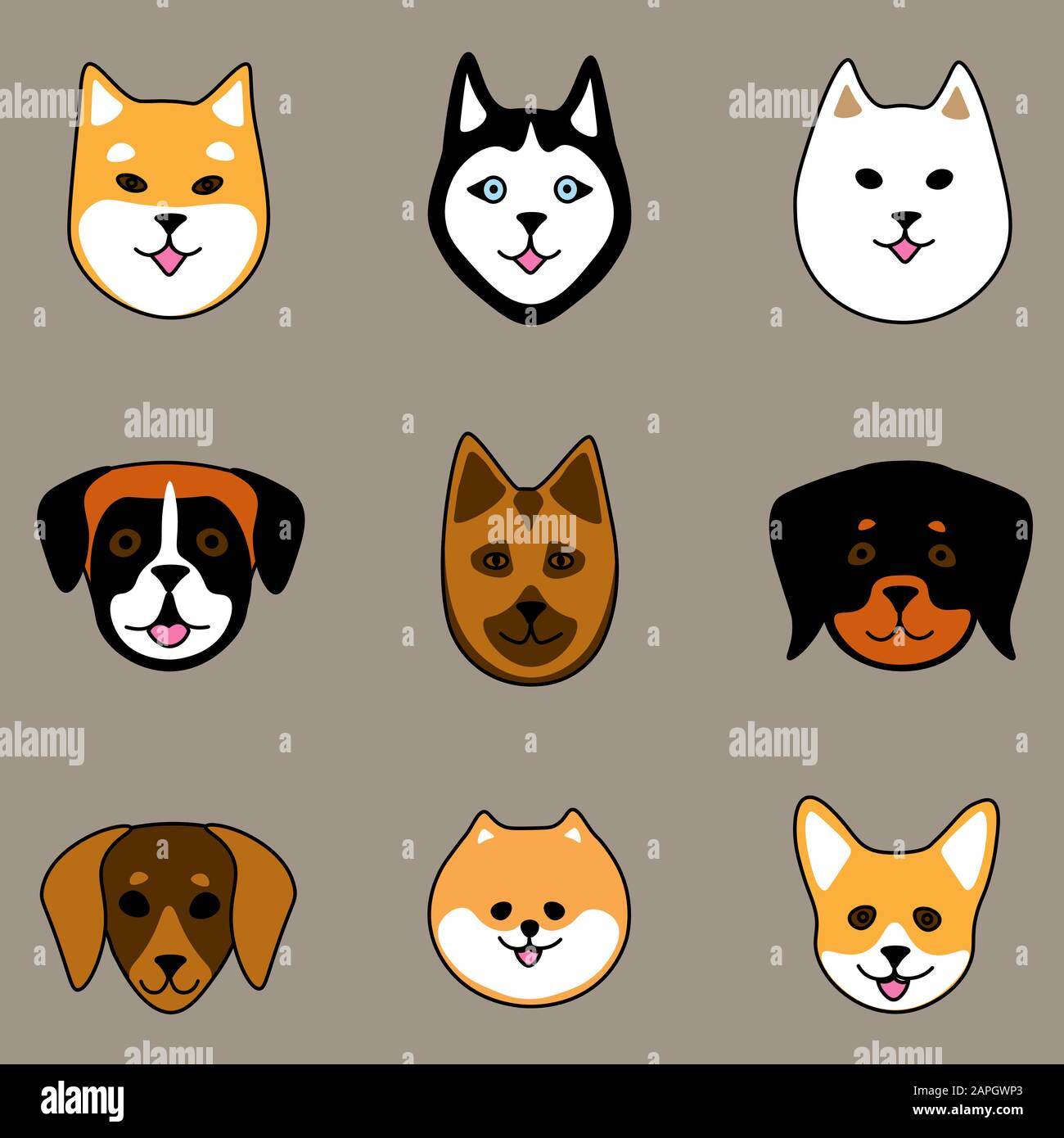 Nove razze di cani: Shiba inu e siberian Husky, samoyed e boxer, pastore e rottweiler tedeschi, dachshund, pomerani e gorgi gallesi Illustrazione Vettoriale