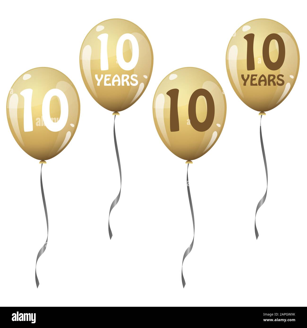 quattro palloncini d'oro per 10 anni Illustrazione Vettoriale