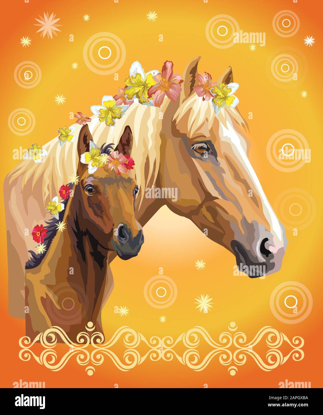Mare e vettore di volpe colorato realistico illustrazione. Ritratto di cavalli con fiori diversi in mane isolato su sfondo arancione gradiente con de Illustrazione Vettoriale